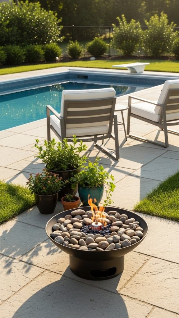 firepit next to a pool