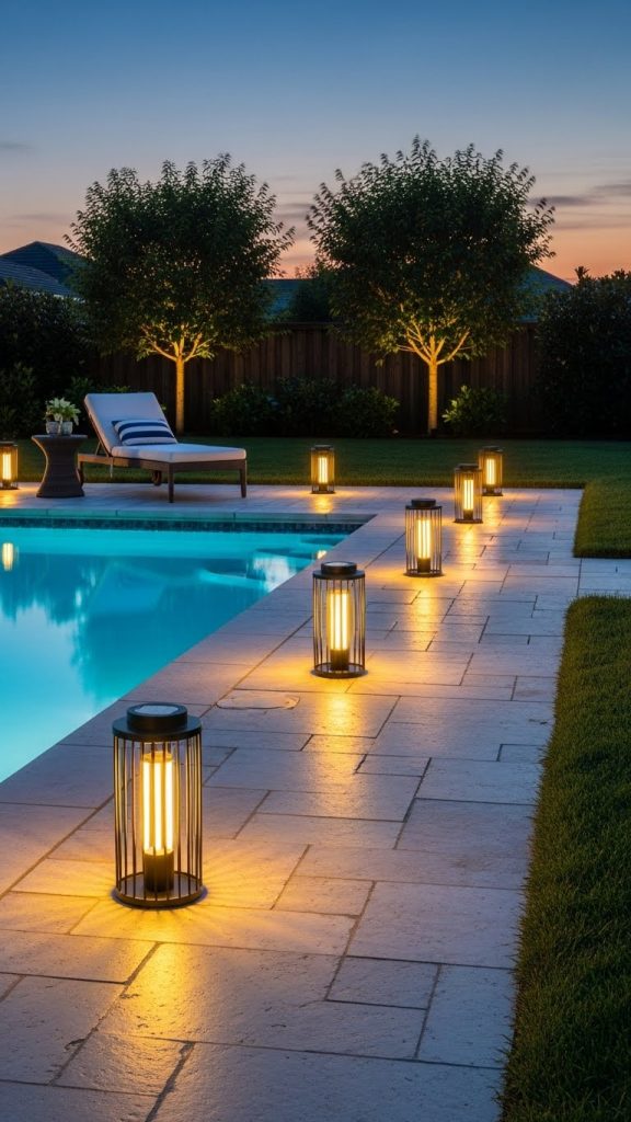Solar lights lined up lighting up a pool patio ideas