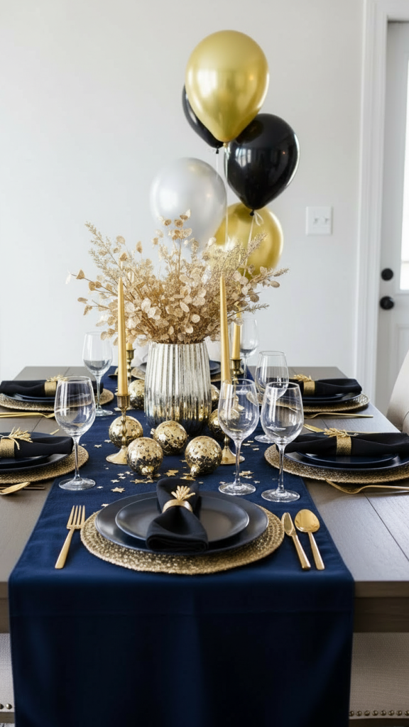Dark blue table runner used to break up the silver and gold decor