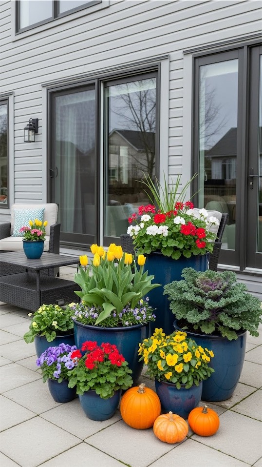Container Gardening on Patio set up for autumn with pumpkins