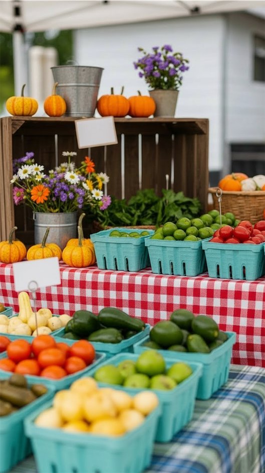 Farmers Market Display set up for a seasonal display with pumpkins