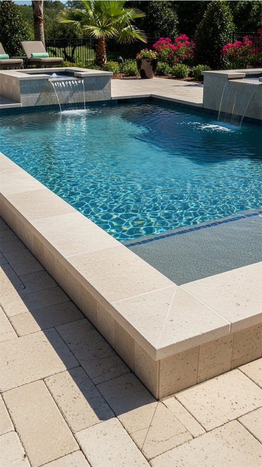 raised beam edging around backyard pool