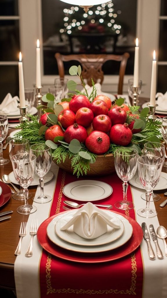 round wooden bowl filled with red apples and fruit for centerpiece on christmas table