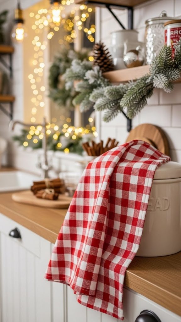 red gingham tea towels simple christmas decor in kitchen 