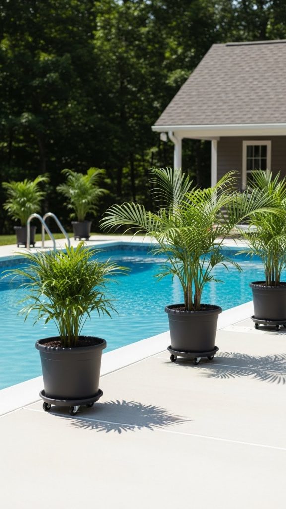 black plastic planter on wheels so they can easily be moved