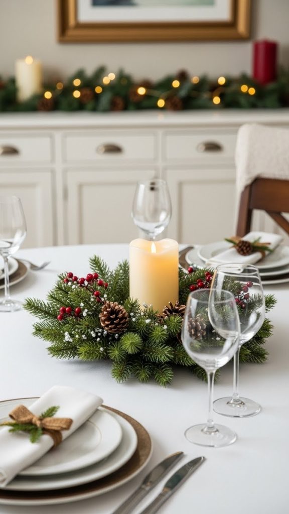 round wreath with candle in the center as a centerpiece for the Christmas table