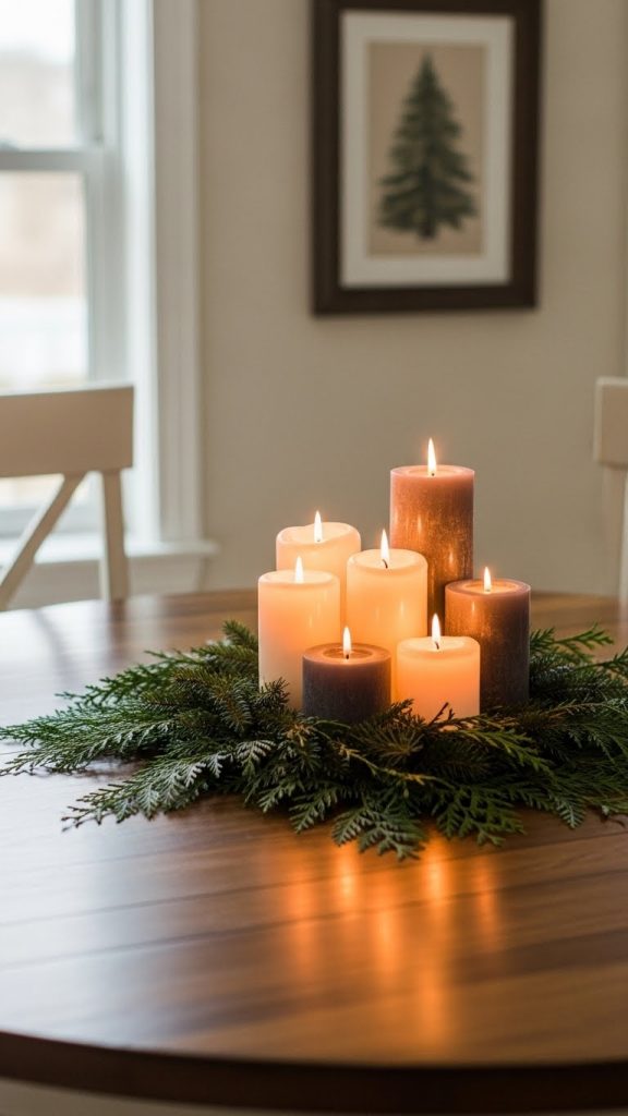 Evergreen with tiered candles Christmas Centerpiece Ideas for Round Dining Room Tables