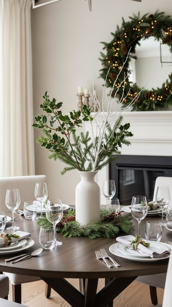 White vase with evergreen sprigs and white branches on round dining room table 
