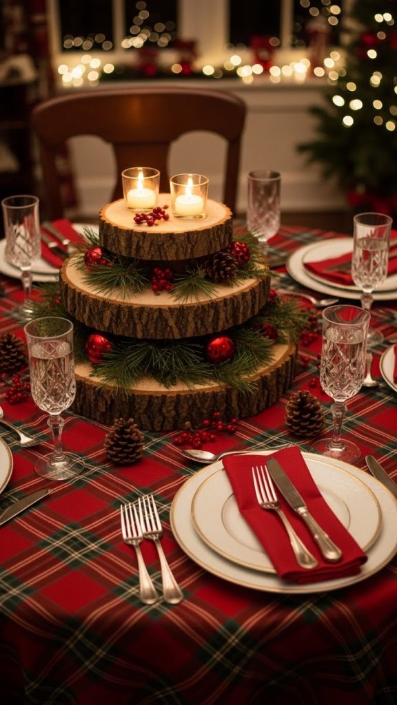 Stacked wooden slices with evergreen sprigs, red baubles and candles as a round table centerpiece