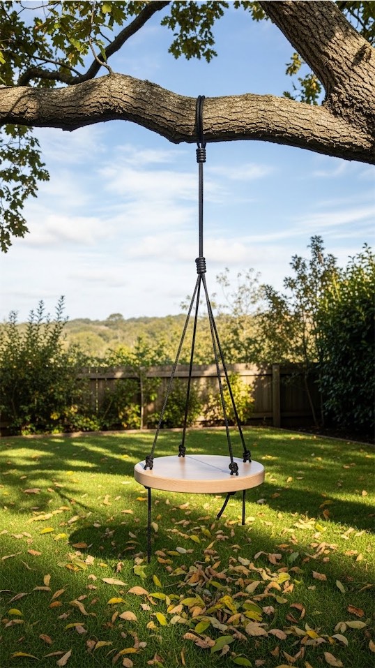 round disc swing tied to a tree in back yard