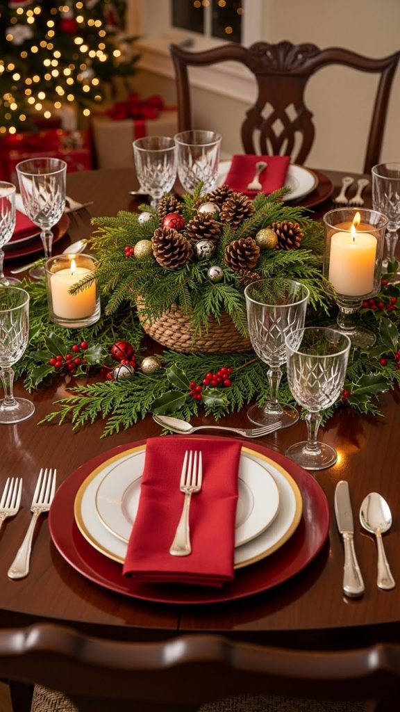 wicker basket filled with evergreens and pinecones used as a centerpiece on a round table