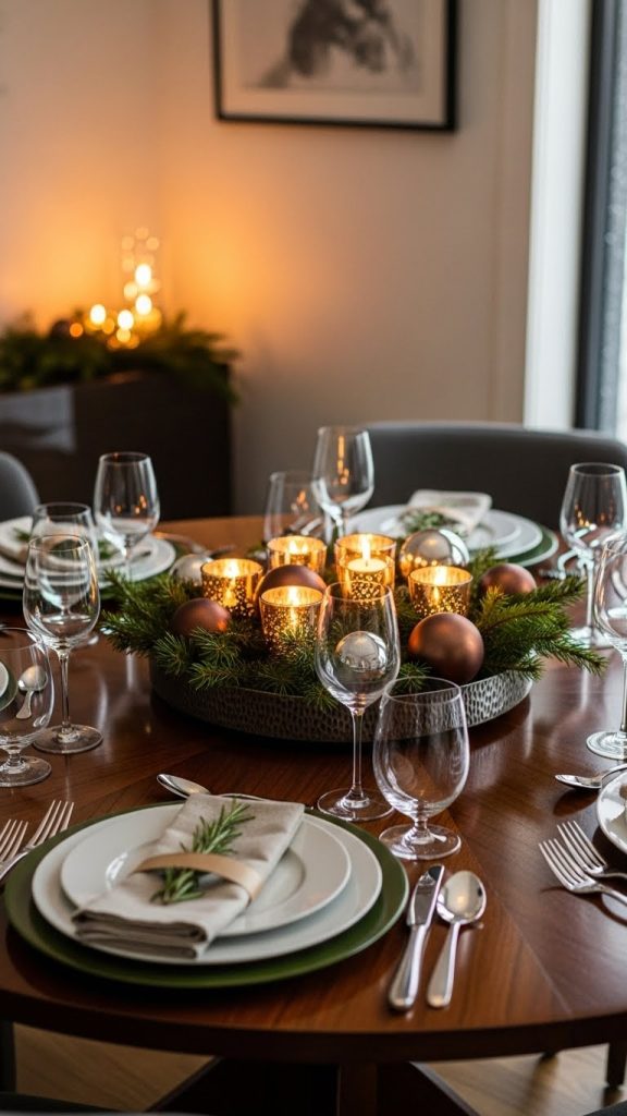 low tray with evergreen and candles as Christmas Centerpiece for Round Dining Room Tables