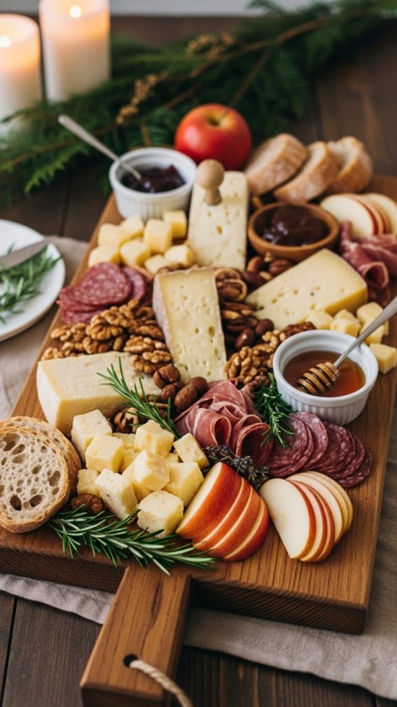 Rustic style New Year’s Eve Charcuterie Board on a dark wooden board with meats, cheeses and apples