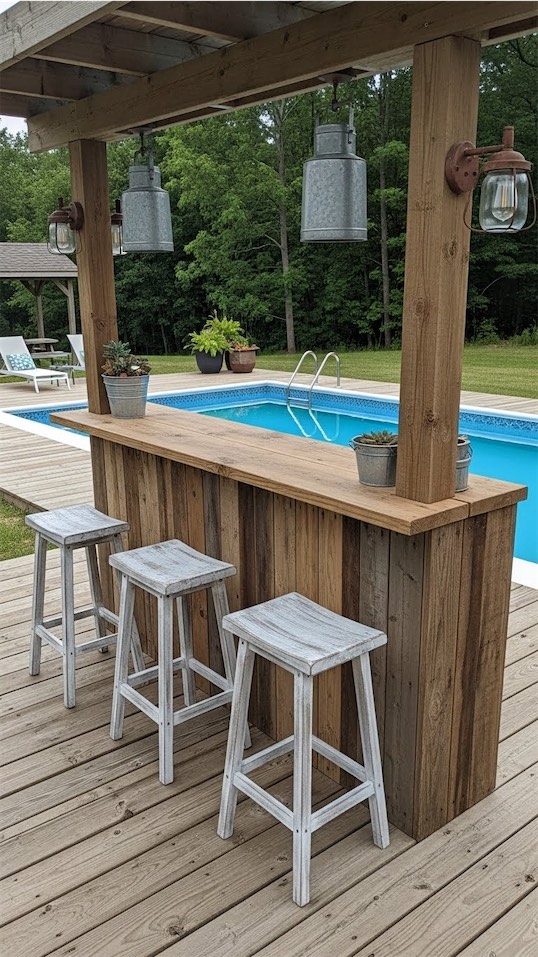 Small rustic style pool with rustic white washed stools