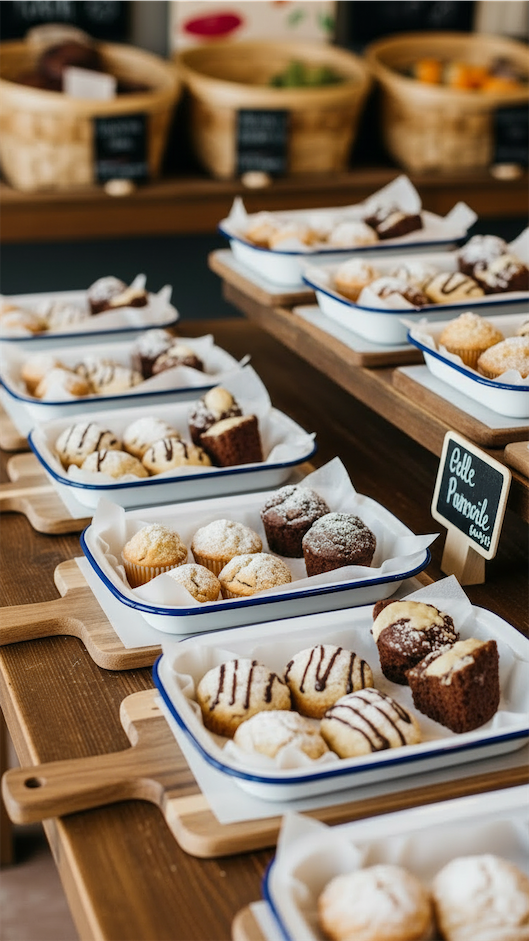 samples at farmer's market for baked goods