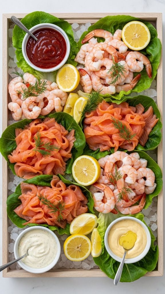 Seafood platter charcuterie board with prawns, lemons and sauces