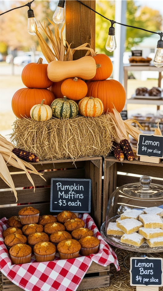 Farmers Market Bakery Display seasonal display with pumpkins