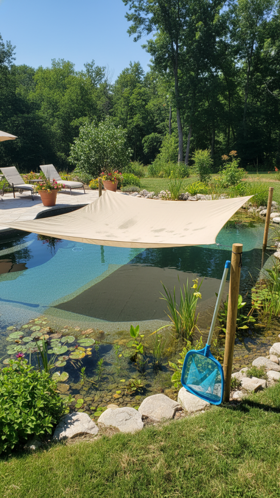 a shade cloth set up to create shade over the regeneration area of a natural swimming pool