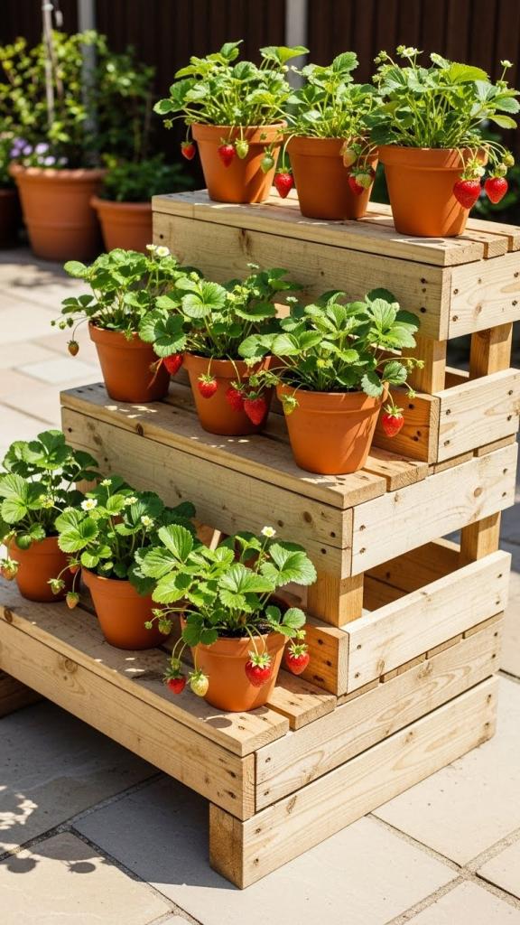 tiered shelf with potted plants on in sunlight