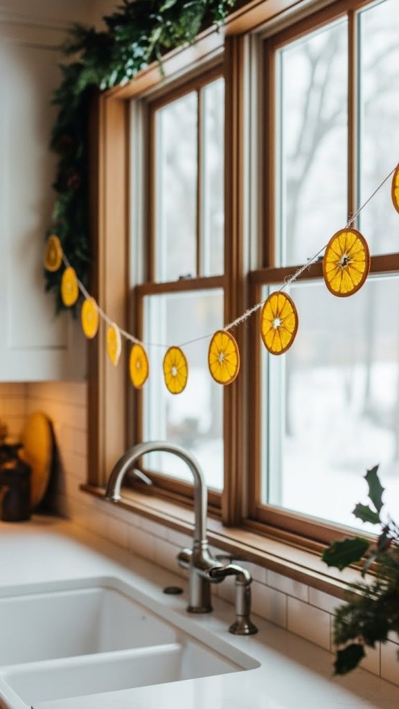 simple orange garland on twine in front of a farmhouse kitchen window for christmas