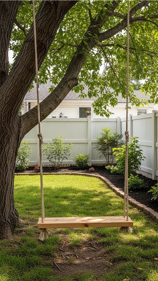 A narrow, long plank of wood transformed into a swing