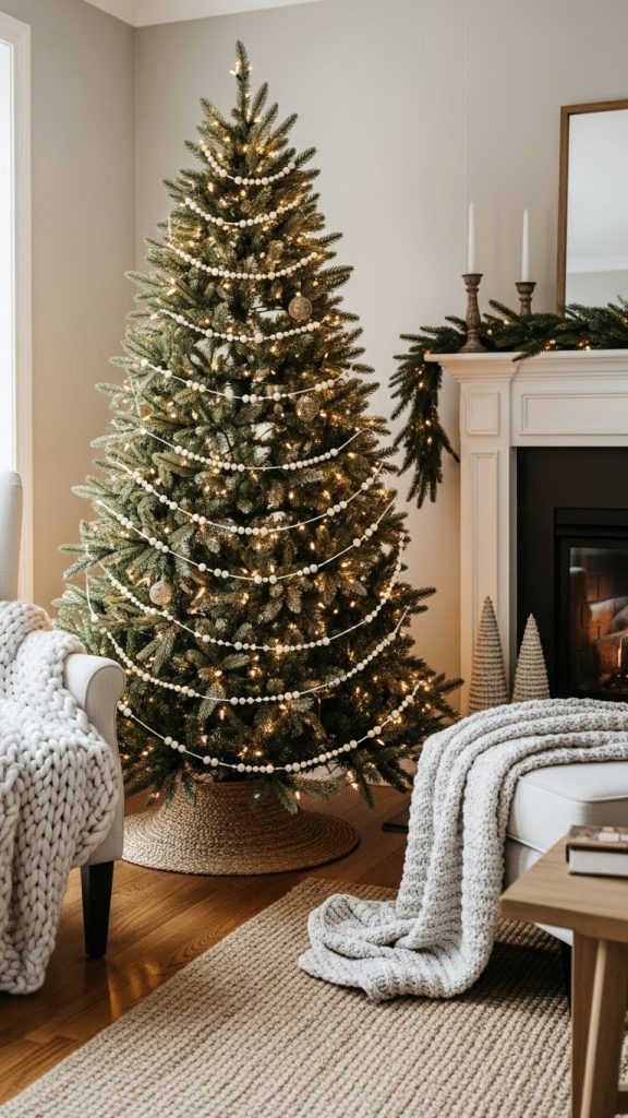 Christmas tree in living room with thin beads and burlap base 
