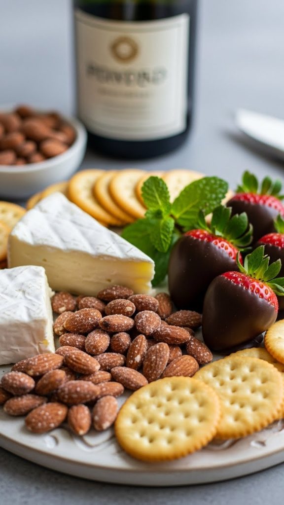 small cozy New Year’s Eve Charcuterie Board with crackers, almonds and cheese