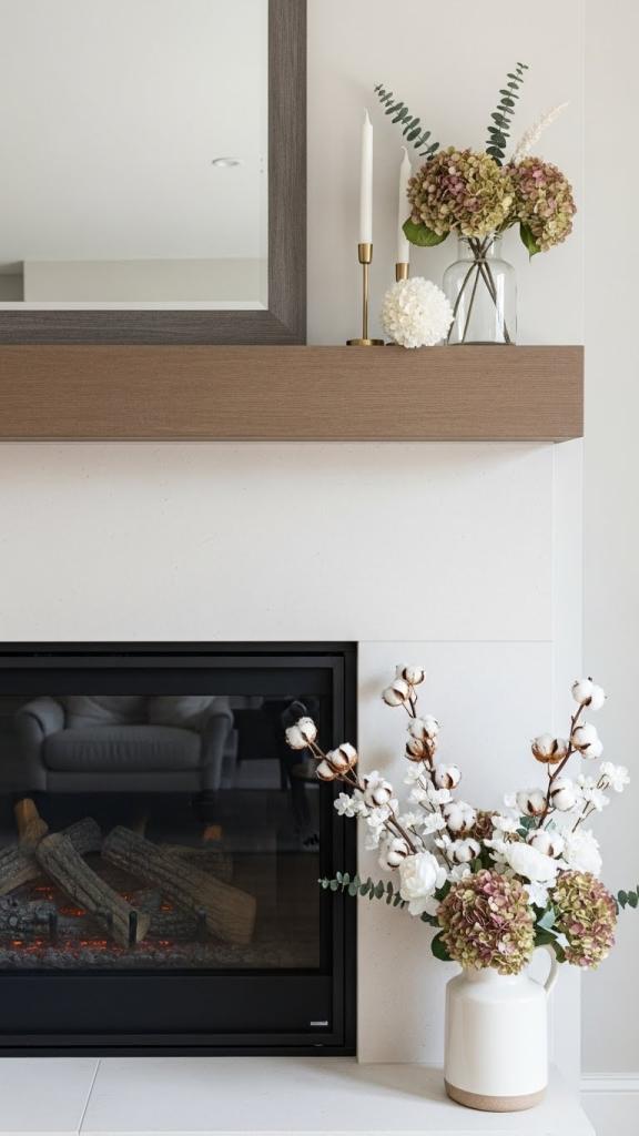 Dried flowers in a vase on fireplace 