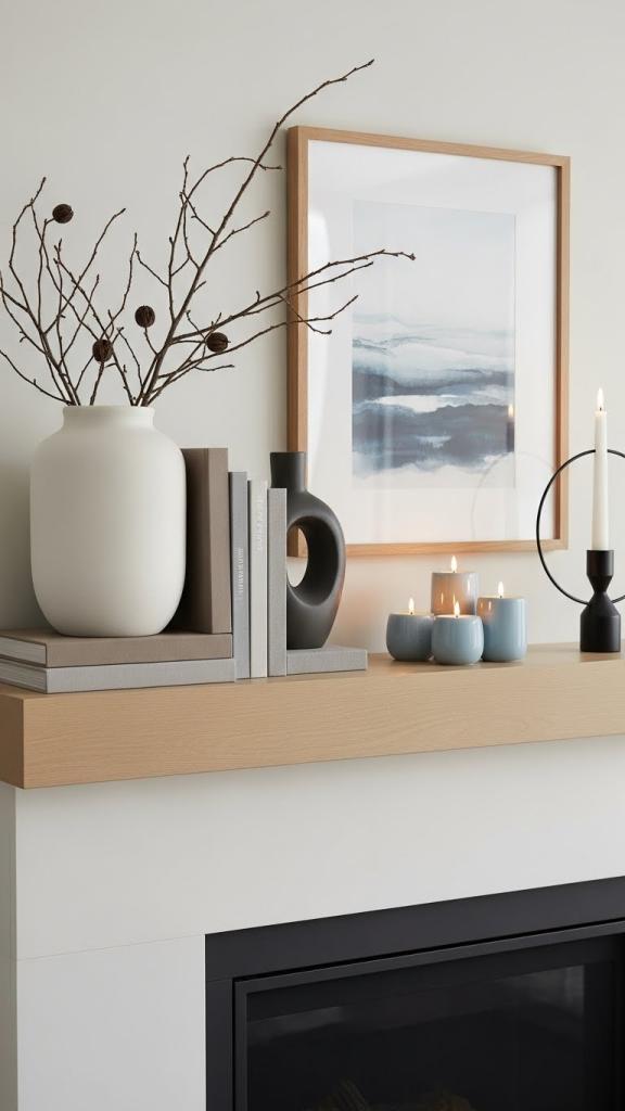 neutral books and natural styled decor on a wooden mantle 