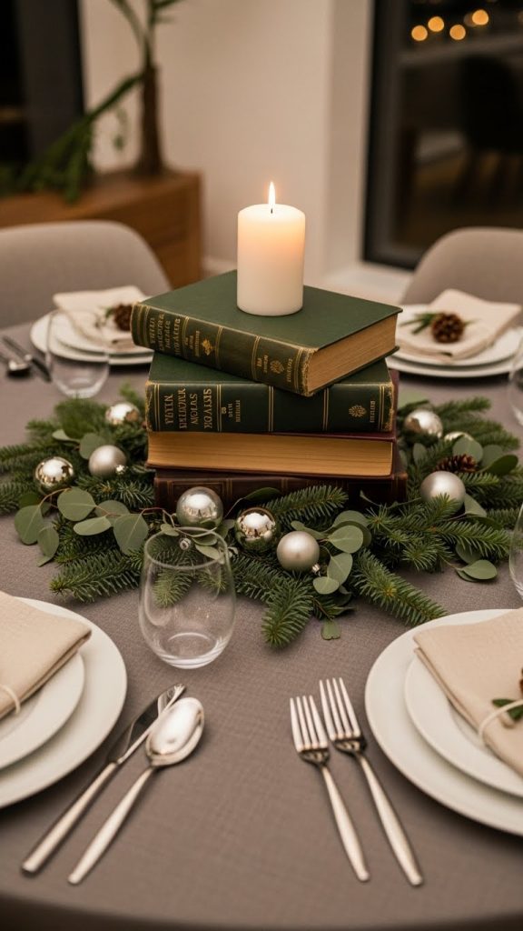 Stacked green books used as a Christmas Centerpiece for Round Dining Room Tables