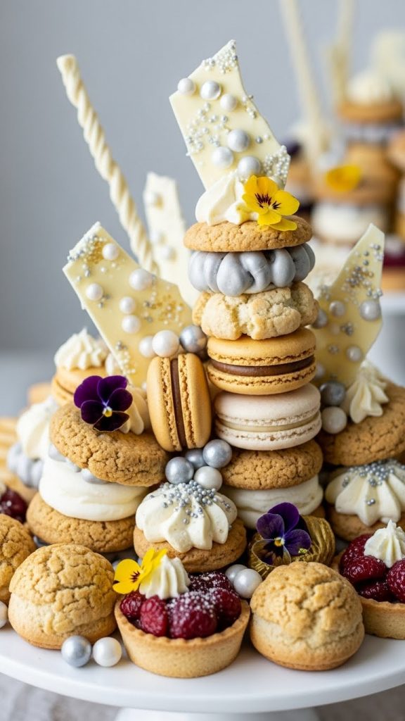 stacked New Year’s Eve Charcuterie Board using biscuits and edible flowers