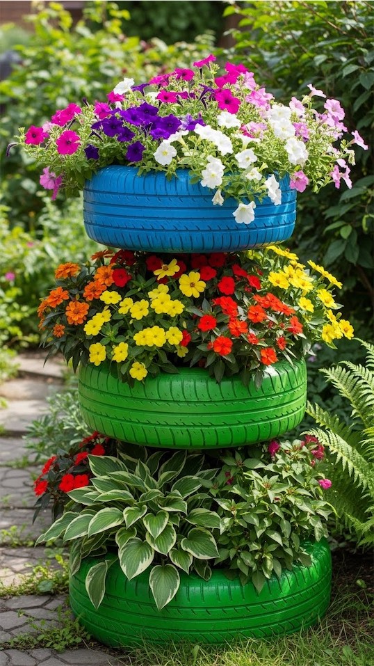 tire planters stacked and planted with flowers
