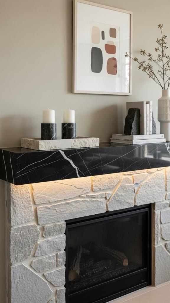 Natural stone elements on a brick and granite mantel piece