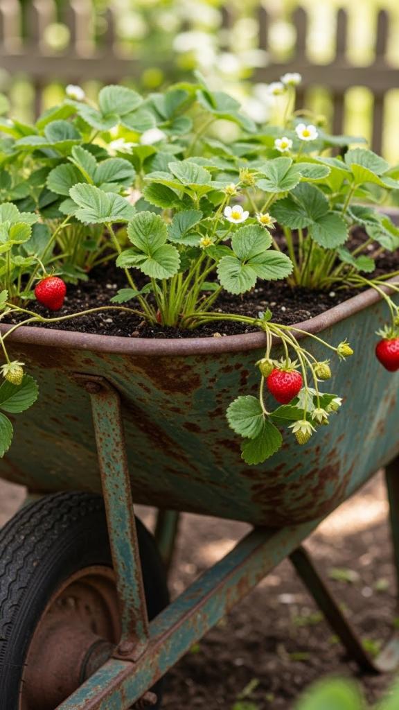 Wheelbarrow with strawberries inside