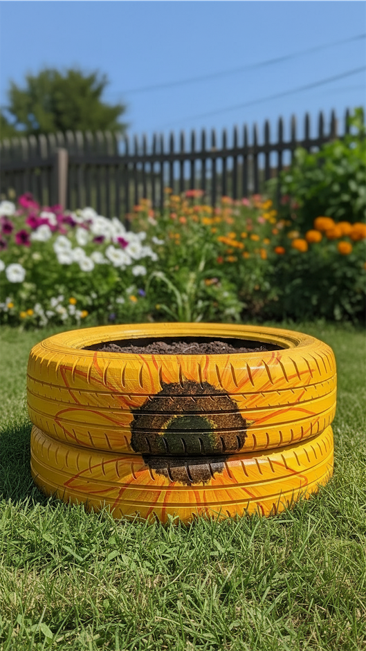yellow painted tires with a sunflower painted on it 