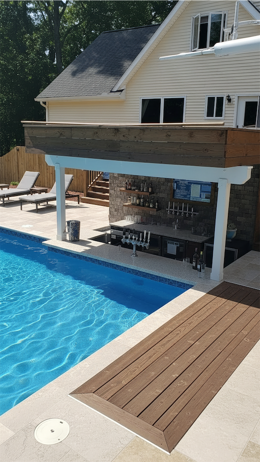 swim up pool bar at the back of a modern house