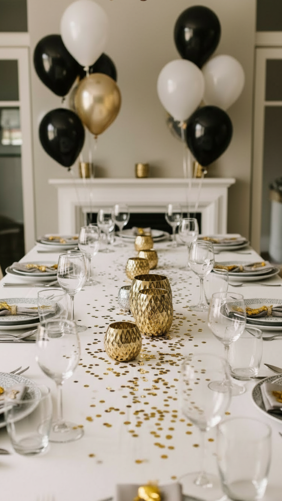 Gold confetti used on a New Year’s Eve Dining Table as decor