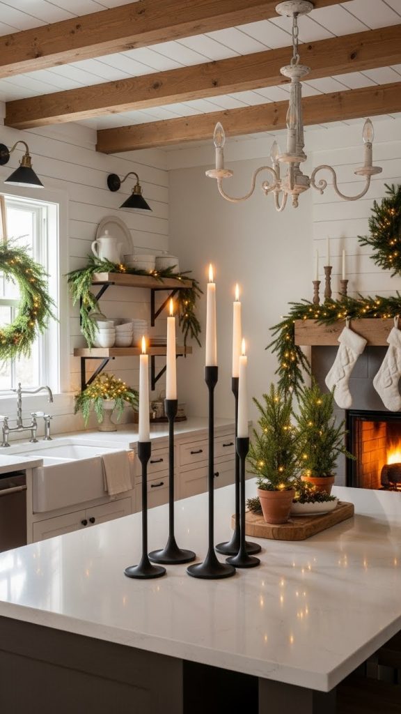 tall taper candle holders on a kitchen island as simple modern christmas farmhouse decor