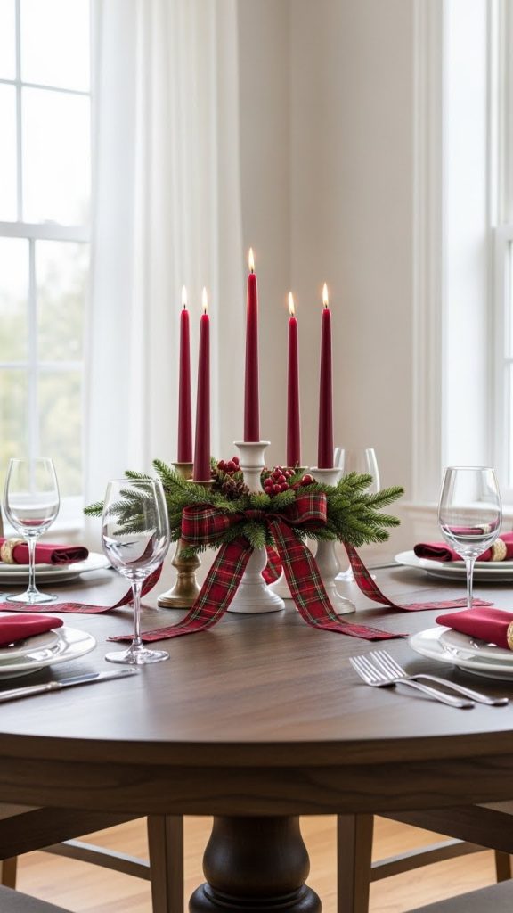 taper candles with plaid ribbon used as a christmas centerpiece on a round table