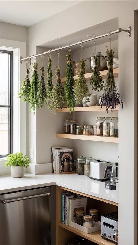 tension rod hanging in kitchen with herbs