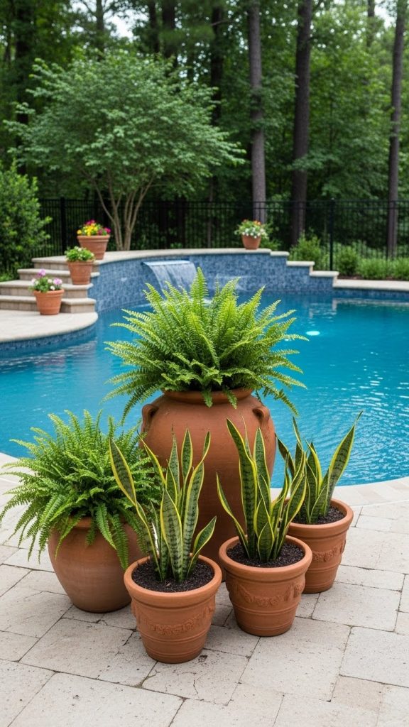Terracotta planters next to pool