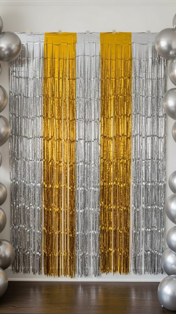 Silver and gold metallic curtains hung on the wall with silver metallic balloons