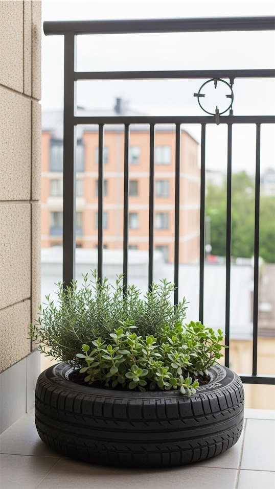 plain black tire on a balcony 