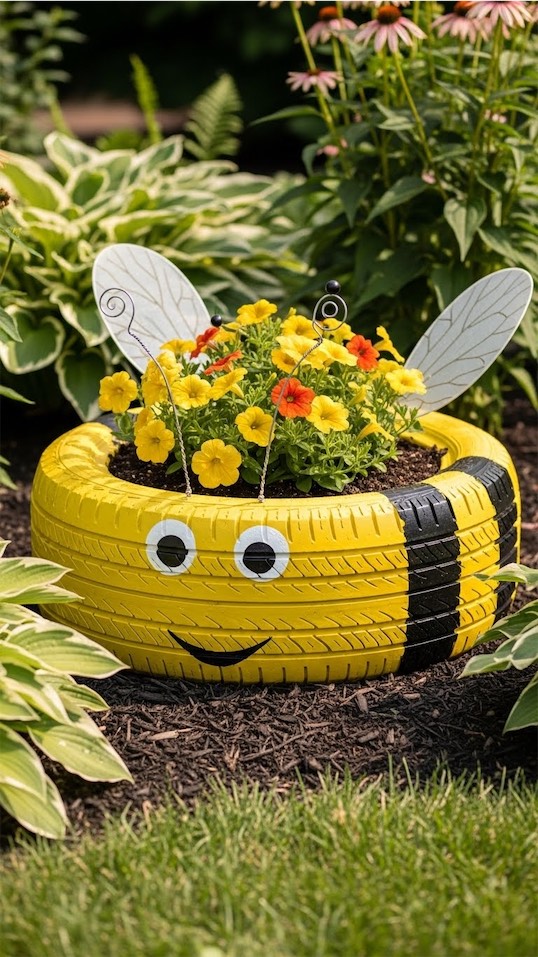 bee themed tire planter diy