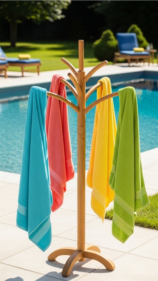 towel tree next to pool