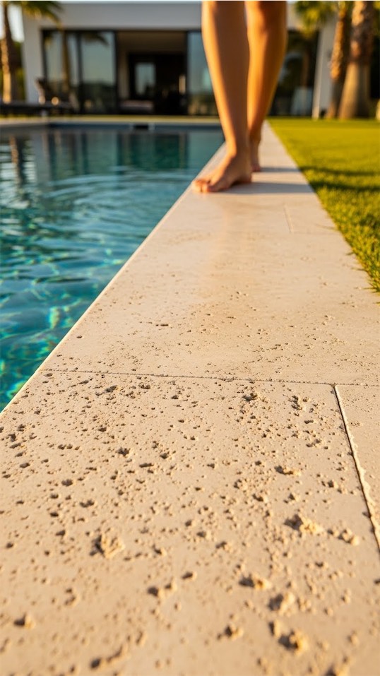 travertine pool edge around a pool