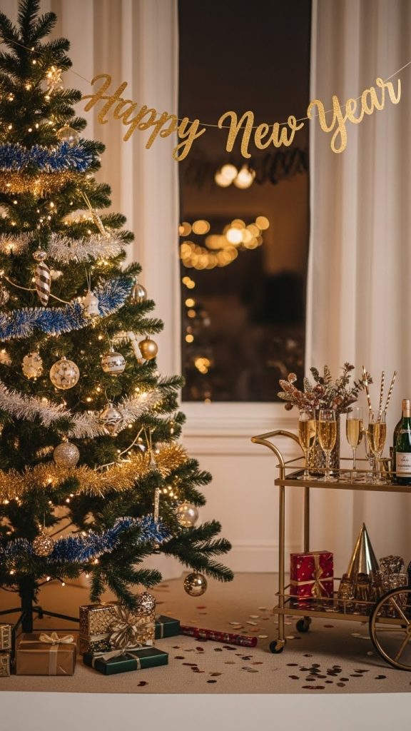 christmas tree in front of window with gold new years eve banner