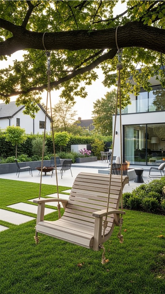 chair swing with a back tied to tree in backyard