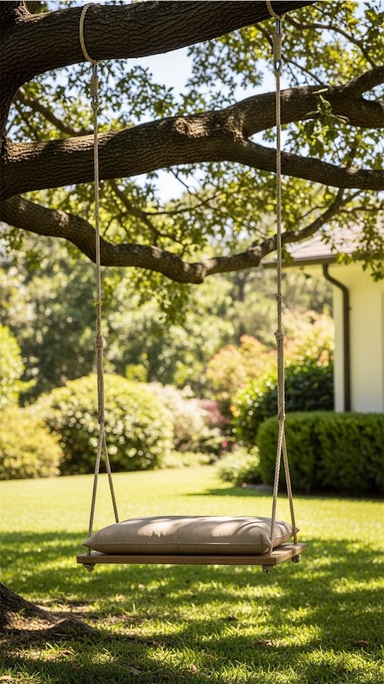 swing with padded cushion outside in the garden