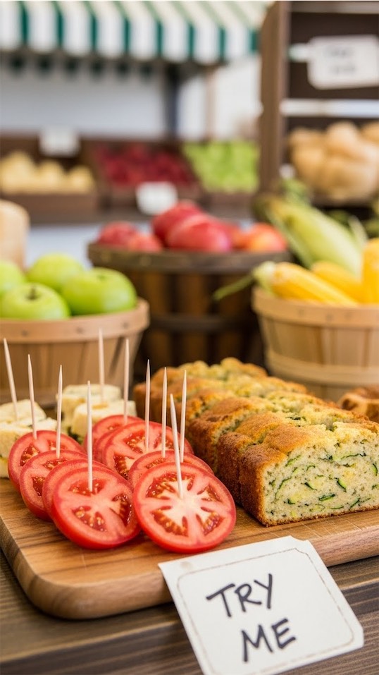 Farmers Market Display of tasting options for customers to try produce